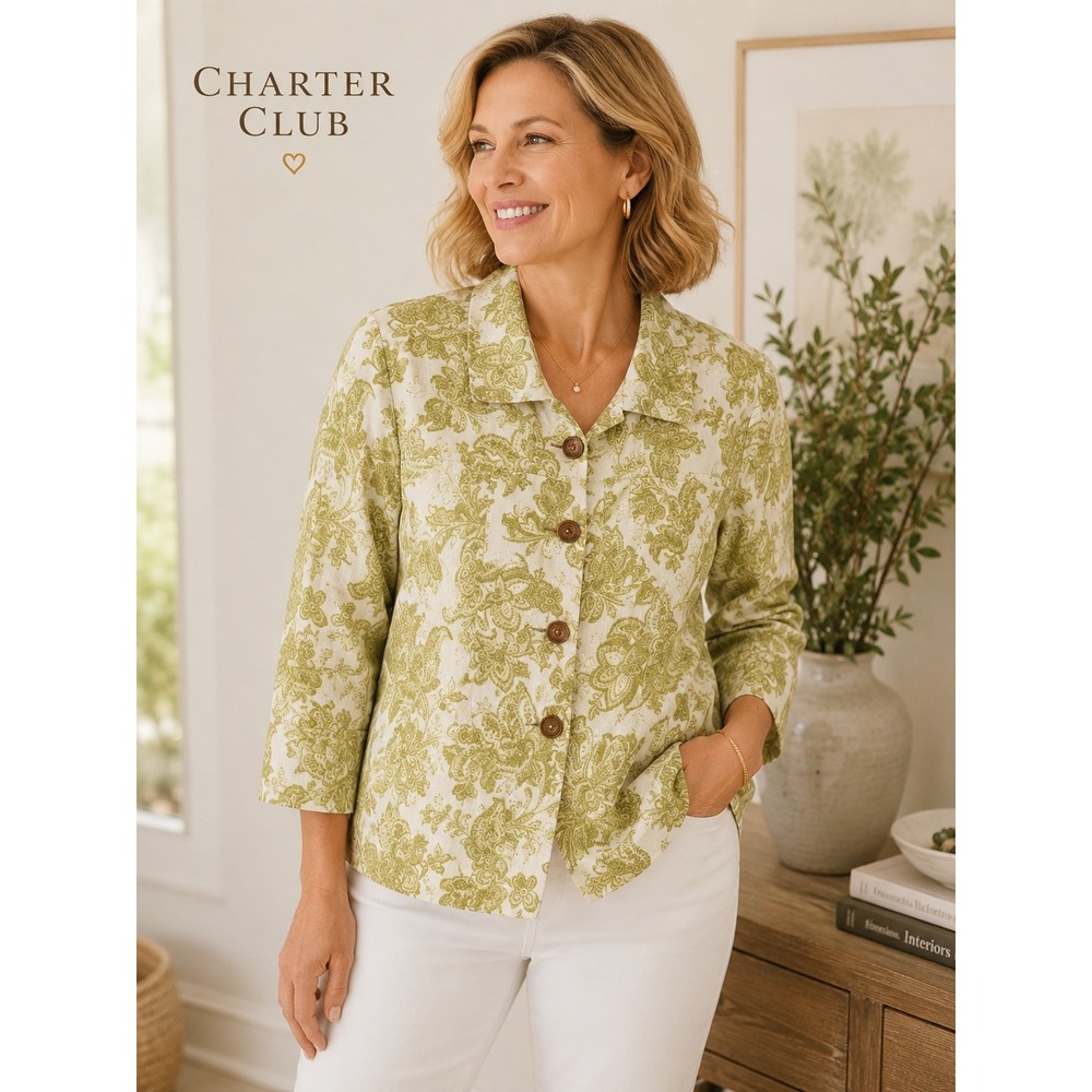 Charter Club Petite Green Paisley 100% Linen Button Front Jacket Size PS